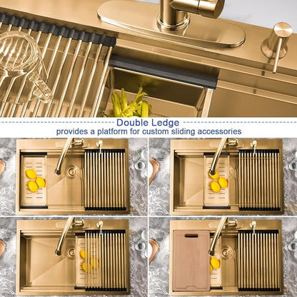 33 Inch Gold Kitchen Sink Drop In Workstation-Hovheir 33x22 Drop In Top Mount Kitchen Sink 16 Gauge Stainless Steel Single Bowl Deep Brushed Gold Sinks with Cutting Board