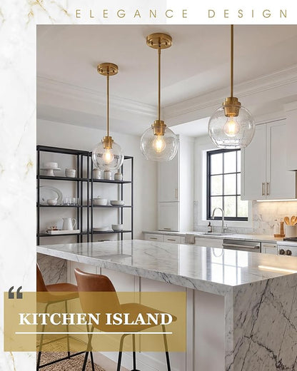 Pendant Lights Kitchen Island, 7" Modern Brushed Gold Hanging Lights Fixtures with Clear Seeded Glass Globe Shade, Kitchen Island Lighting for Bathroom, AD-22280-1P-GD-S
