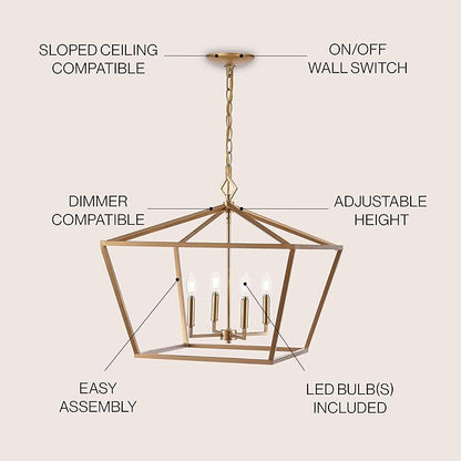 JONATHAN Y 23" Gold 4-Light Rustic Glam Adjustable Iron LED Pendant, Open Cage Lantern Hanging Light for Dining Room, Kitchen Island, Foyer, Farmhouse French Country (JYL7520C)