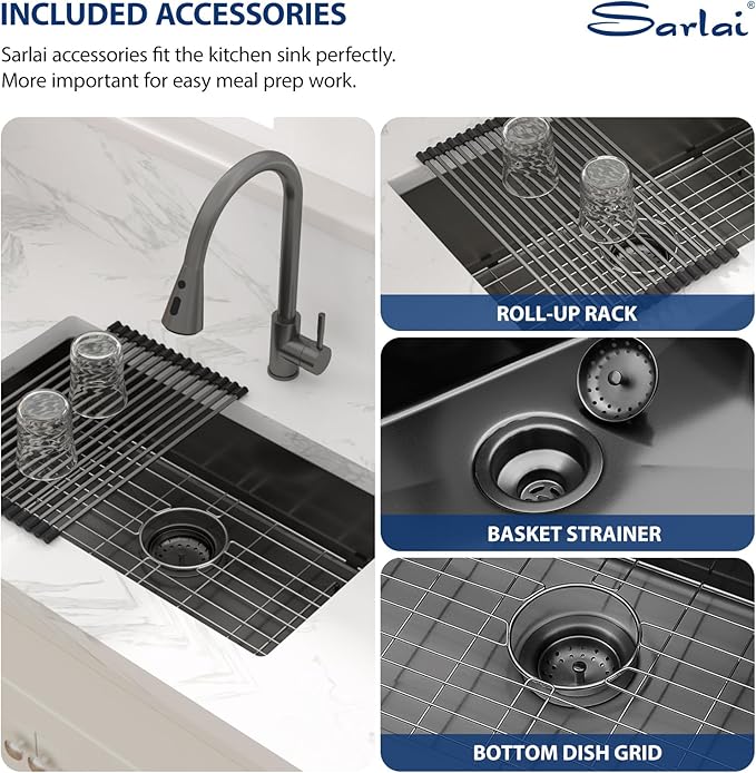 Sarlai ADA Black Kitchen Sink - 27 Inch Undermount Kitchen Sink Gunmetal Black 6-Inch Low Depth ADA Compliant Single Bowl 16 Gauge Stainless Steel 27x16 Inch Under Mount Handmade Sinks Basin