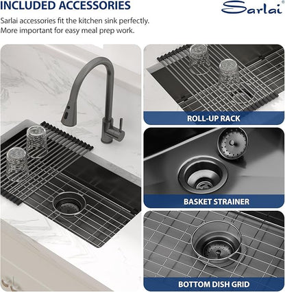 Sarlai ADA Black Kitchen Sink - 27 Inch Undermount Kitchen Sink Gunmetal Black 6-Inch Low Depth ADA Compliant Single Bowl 16 Gauge Stainless Steel 27x16 Inch Under Mount Handmade Sinks Basin