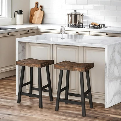 ERGOMASTER Wooden Backless Saddle Barstools Set of 2, 24-inch Counter Height Rustic Bar Stools with Rubber Wood Frame & Footrest for Kitchen Island, Dining Room, Pub