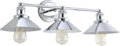 JONATHAN Y 26.5" Chrome 3-Light Industrial Farmhouse Metal Vanity Light Wall Sconce, Metal Shade for Bathroom Mirror, Kitchen, Entryway, LED Bulb Included (JYL7425A)