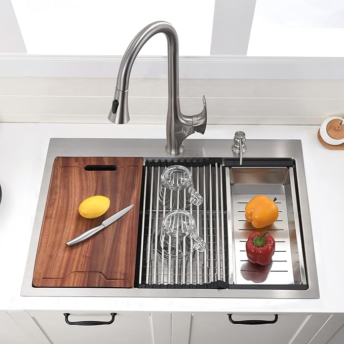 30 Inch Drop In Kitchen Sink Workstation Stainless Steel - VOKIM 30 x22-Inch Single Bowl Kitchen Sink 16 Gauge Stainless Steel 10'' Deep Handmade Kitchen Sink with Cutting Board& Strainer