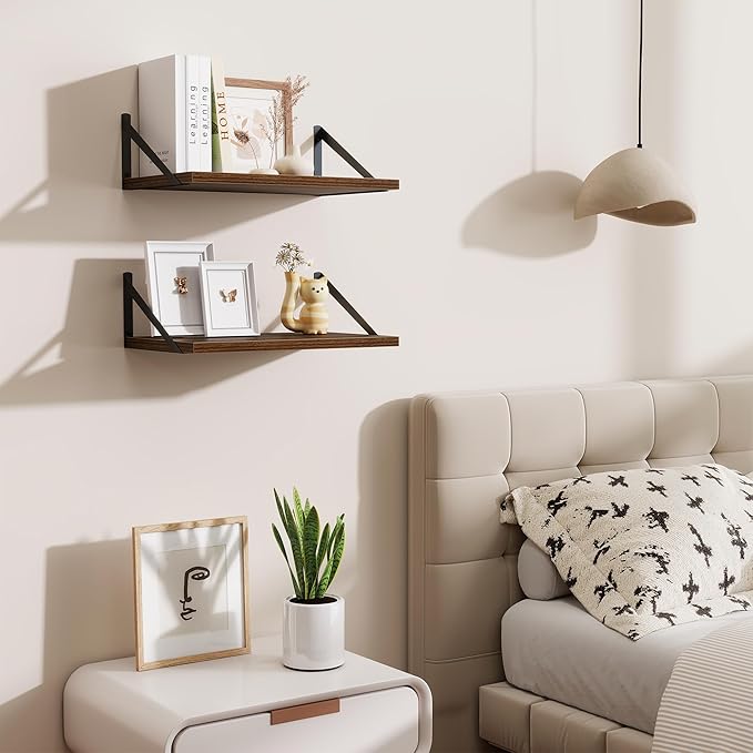 Acovy Floating Shelves for Wall,18" Wall Mounted Shelves Set of 2,Wood Floating Shelf with Bracket,Sturdy Metal Bracket Bookshelves Home Decor Storage for Living Room,Bedroom,Bathroom,Kitchen,Walnut