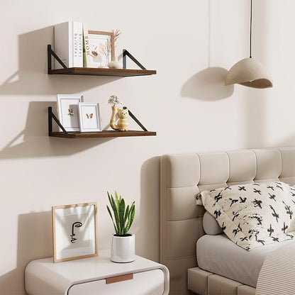 Acovy Floating Shelves for Wall,18" Wall Mounted Shelves Set of 2,Wood Floating Shelf with Bracket,Sturdy Metal Bracket Bookshelves Home Decor Storage for Living Room,Bedroom,Bathroom,Kitchen,Walnut
