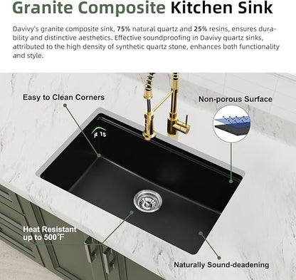 Davivy 27 Inch Black Granite Kitchen Sink Workstation, 27 x 18 Black Undermount/Drop In Kitchen Sink, Deep Quartz Composite Single Bowl with Accessories