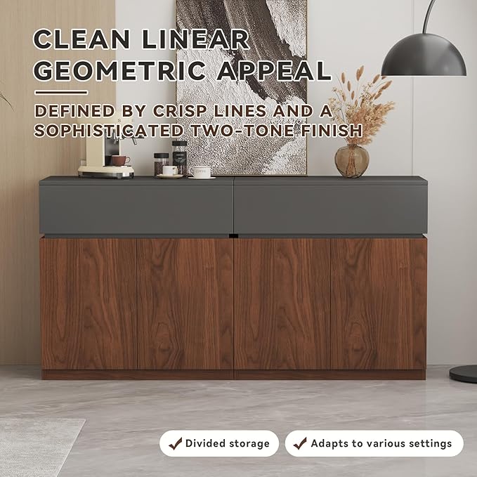 63" Buffet Cabinet with Drawer & Door, Set of 2 Modular Stackable Sideboard Coffee Bar Cabinet with Adjustable Shelves, Matte Gray Walnut Storage Accent Credenza for Living/Dining Room Hallway