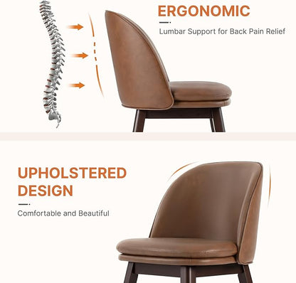 KISLOT Wooden Dining Chairs Set of 2, Faux Leather Upholstered Modern Dining Room Chairs with Double-Layer Thick Seat Cushion & Ergonomic Backrest for Restaurant, Kitchen and Café, Brown