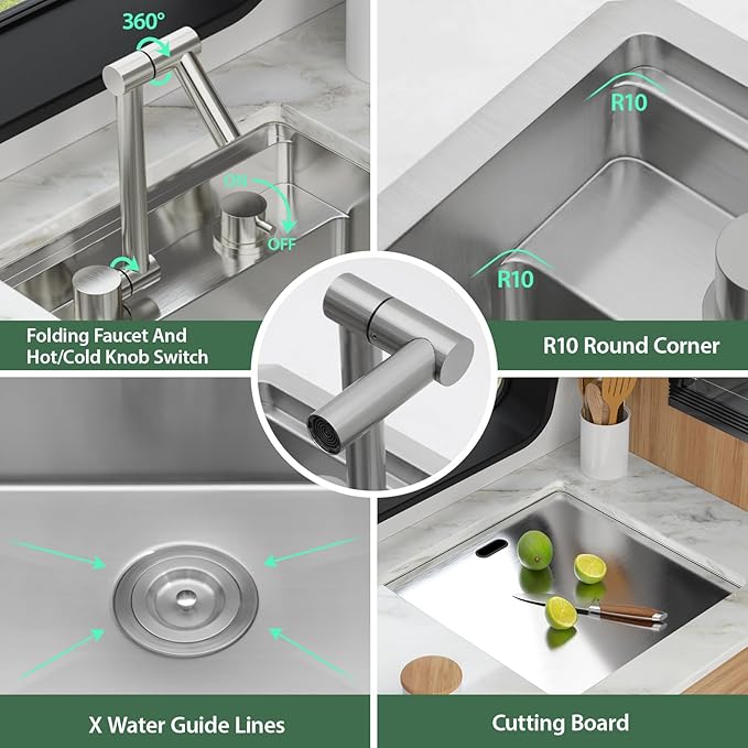 18 x 18 Inch Outdoor Sink Undermount RV Sink Workstation 16 Gauge Stainless Steel Single Bowl Handmade Outdoor Kitchen Sinks With Folding Faucet 18"x18"x9"