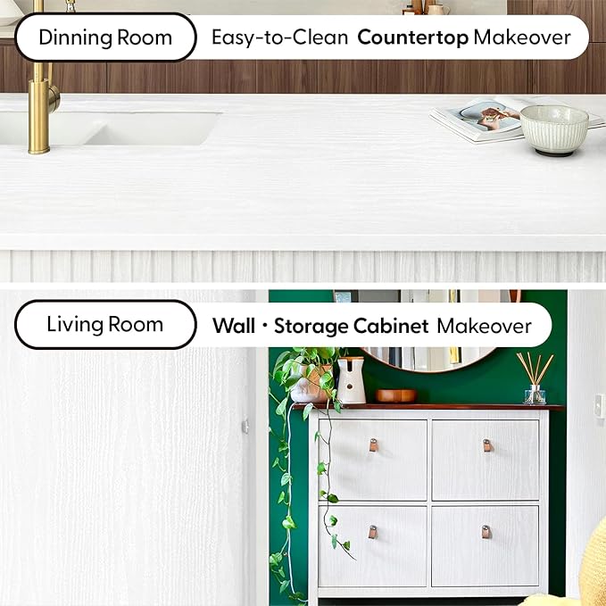 White Wood Grain Contact Paper, 17.3" x 197" Peel and Stick Wallpaper, Self-Adhesive Thick Textured Vinyl Wrap for Kitchen Cabinets, Countertop, Furniture, Waterproof DIY Decor