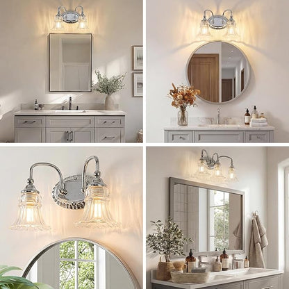 2-Light Bathroom Light Fixtures Vintage Chrome Vanity Lights Over Mirror with Floral Glass Shade for Bathroom Powder Room, Living Room Hallway