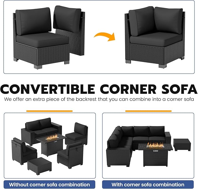 Patio Furniture Set, Wide Armrest Outdoor Furniture Set with 44" Fire Pit Table Thick Cushions, 7 Piece Wicker Rattan Patio Sectional Sofa for Backyard, Poolside, Garden