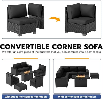 Patio Furniture Set, Wide Armrest Outdoor Furniture Set with 44" Fire Pit Table Thick Cushions, 7 Piece Wicker Rattan Patio Sectional Sofa for Backyard, Poolside, Garden