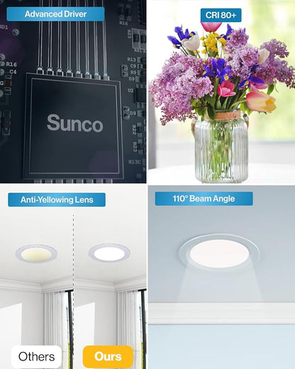 Sunco 24 Pack 3 Inch Recessed LED Lights, Ultra Thin Ceiling Lighting, 500 LM, 8W (50W Equivalent), Selectable CCT 2700K/3000K/4000K/5000K/6000K, Dimmable, Wafer Thin, Canless with Junction Box