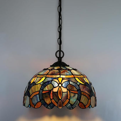 Tiffany Pendant Light Plug-in Stained Glass Hanging Lamp 12”x12”x181” Blue Baroque Swag Light Decorative Vintage Lighting for Dining Room Living Room Kitchen Hallway Bedroom