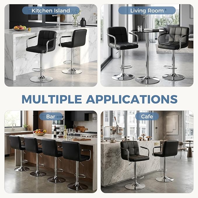 DUMOS Bar Stools Set of 2, Adjustable Swivel Bar Chairs with Padded Armrests and Ergonomic Backrest for Kitchen Island Counter Pub Dining Room, Water-Resistant PU Leather, Black