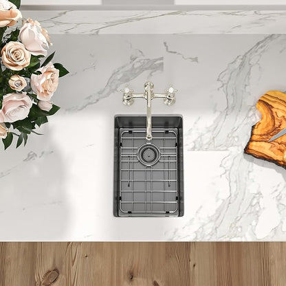 Sarlai 10 Black Bar Sink Undermount - 10x18 Inch Gunmetal Black Stainless 16 Guage Kitchen Bar Prep RV Sinks Deep Single Bowl One Basin