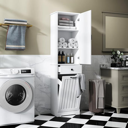 KEIKI 70.87''" Tall Laundry Cabinet, Storage Cabinet with One-Compartment & One-Drawer Tilt-Out for Laundry Room, Bathroom Organizer, White, (Style B)