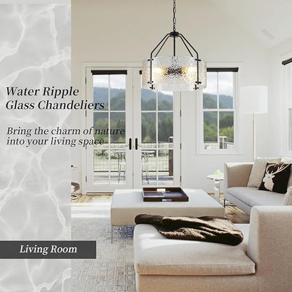 Glass Drum Chandelier for Dining Room 18'' Entryway Light Fixture 4-Light Kitchen Chandeliers Over Table Bedroom Light Fixture for Living Room Hallway Foyer Kitchen