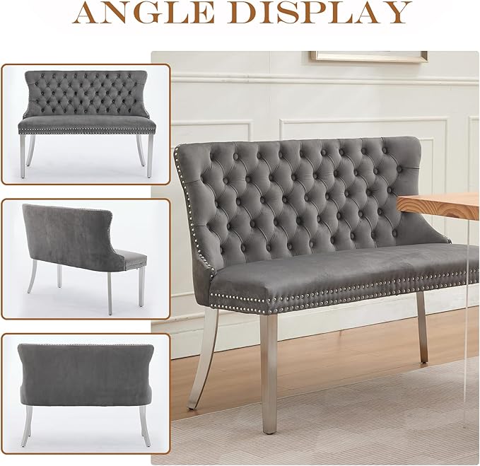 45.6in Upholstered Dining Bench, Mid-Century Modern Kitchen Room Bench with Tufted Back and Metal Legs, Velvet Small Sofa Couch Bench, Grey