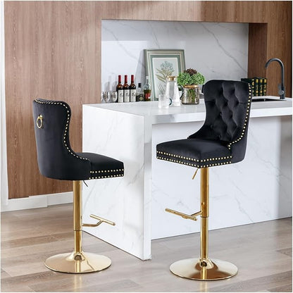 Thick Golden Swivel Velvet Barstools Adjusatble Seat Height from 27-35 Inch, Modern Upholstered Bar Stools with Backs Comfortable Tufted for Home Pub and Kitchen Island