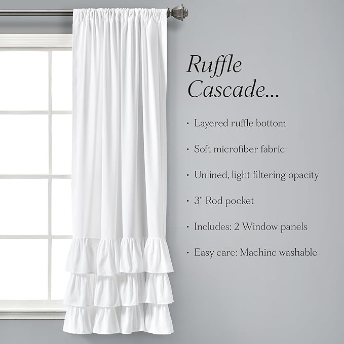 Lush Decor Allison Ruffle Light Filtering Window Curtain Panels Pair 40" W x 63" L White - Coquette Curtains for Bedroom - Drapes - Ruffle Curtains Kids