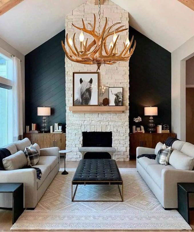 Farmhouse Antler Chandelier, Rustic Deer Antler Chandelier Lighting Fixtures, 6-Light, Vintage Deer Horn Pendant Light Fixtures for Home Bar Coffee Hotel Store (Brown 6 Light Arms+3 arms)