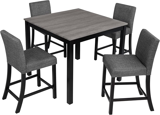 5-Piece Counter Height Dining Table Set for 4, Wooden Kitchen Table and Chairs Set of 4, Square Dining Room Table with Upholstered Seats for Kitchen and Dining, Light Grey & Black Two Tone