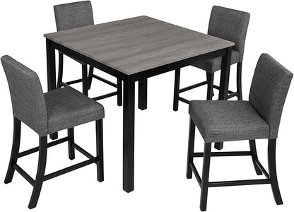 5-Piece Counter Height Dining Table Set for 4, Wooden Kitchen Table and Chairs Set of 4, Square Dining Room Table with Upholstered Seats for Kitchen and Dining, Light Grey & Black Two Tone