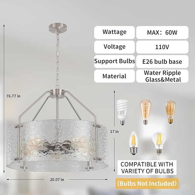 Glass Drum Chandelier for Dining Room 20'' Brushed Nickel Living Room Light Fixture 5-Light Kitchen Chandeliers Over Table Bedroom Light Fixture for Dining Room Hallway Foyer Kitchen