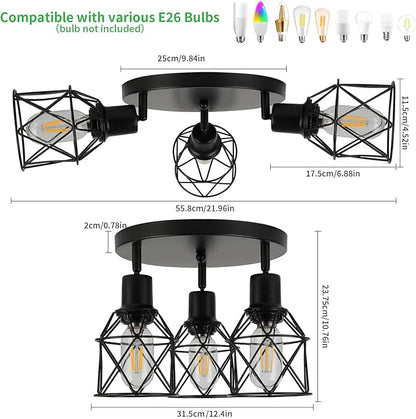 WILON Kitchen Light Fixtures Ceiling Mount, Black Fixtures 3-Light Adjustable Semi Flush Mount Ceiling Light, Multi-Directional Lights for Kitchen Hallway Dining Room(E26 Base)