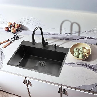 33 x 22 Inch Black Kitchen Sink, Topmount Drop In Stainless Steel Single Bowl Kitchen Sink, 16 Gauge Extra-Thick Modern Bar Prep RV Laundry Sinks with Dish Grid and Basket Strainer,VLSYJ3322BW