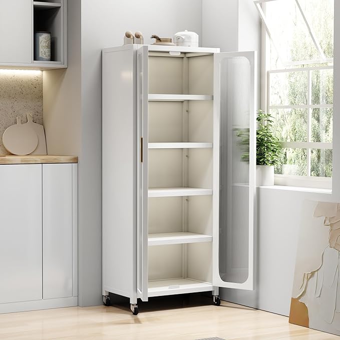 Runboll Kitchen Pantry Storage Cabinet, 6 Tier Metal Sideboard with Wheels and Acrylic Glass Door, Modern Display Curio Cabinet Bookcase White