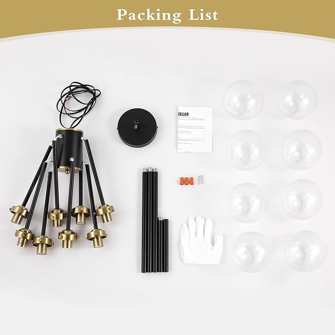 WINGBO 8-Light Sputnik Chandelier, Modern Pendant Light Fixture with 4.7" Clear Glass Globe Shade for Flat and Slop Ceiling, Height Adjustable for Kitchen Living Room Dining Room Bedroom, Black