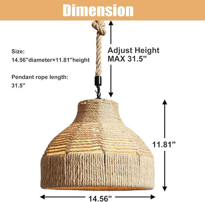 GWY Hemp Rope Weaved Pendant Lamp, Retro Natural Rattan Handmade Woven E27 Chandelier Hanging Light Ceiling Lighting Fixture for Living Room Bedroom Restaurant Cafe Teahouse Bar Dining Room Club