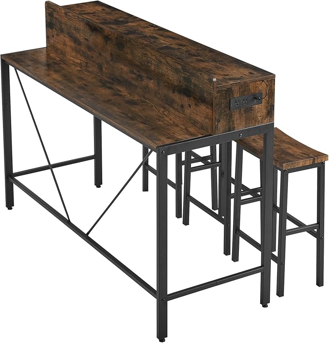 59" Bar Height Table and Chairs Set – Farmhouse Style Bar Table with 3 Saddle Stools, Perfect as Kitchen Table, Small Dining Table with Chairs, or Kitchen Island Seating Solution (Brown)