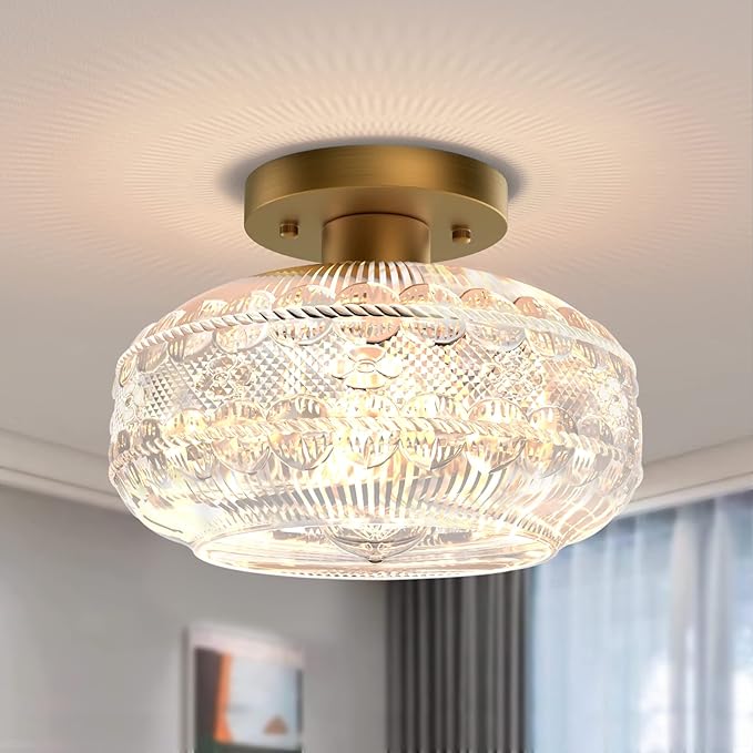 Industrial Semi Flush Mount Ceiling Light Fixture,Gold Globe Glass Hallway Lights Fixtures Ceiling,Vintage Ceiling Lights,Farmhouse Lights Fixture for Entryway Kitchen Bathroom,Bulb Not Included
