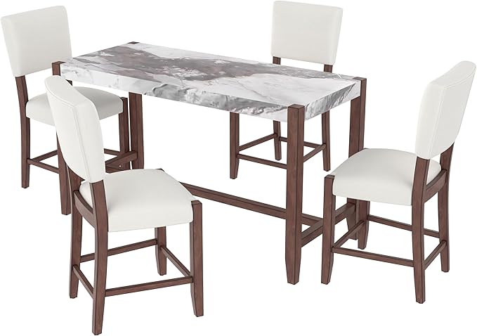 Merax 5-Piece Counter Height Dining Set with 1 Faux Marble Top Bar Table and 4 Upholstered Chairs, Mid-Century Modern Kitchen Table Set for Dining Room, Pub Kitchen