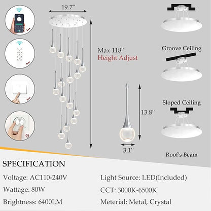 16 Light High Ceiling Crystal Chandelier Dimmable LED Pendant Lights with Remote Adjustable Chandeliers for Foyer Staircase Living Room Sivler