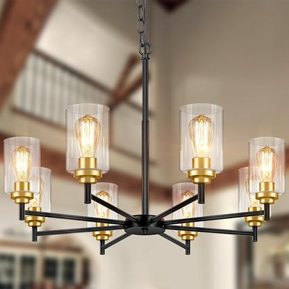 Sucolite 33.5'' 8-Light Chandelier for Dining Room Kitchen Island, Modern Farmhouse Pendant Lighting with Glass Shades Industrial Black Hanging Ceiling Light Fixture for Living Room, Height Adjustable