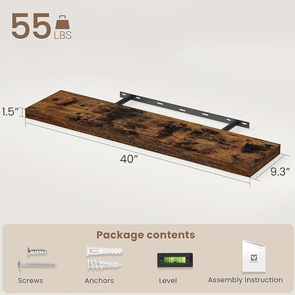 Vivelove Floating Shelves for Wall Mounted, 40 Inches Long Shelves, Display Shelf for Bathroom Living Room Kitchen Bedroom Office Farmhouse Home Decor, 40" X 9.3" X 1.5" - Set of 2, Rustic Brown