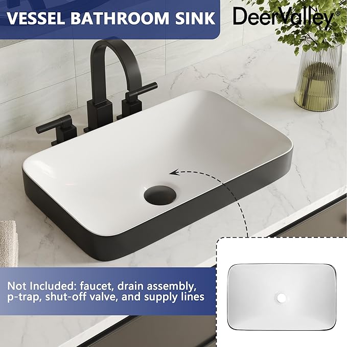 DeerValley Black and White Contrast Rectangle Vessel Sink 18.9x11.61 Inch, Semi-Recessed Ceramic Bathroom Basin with Modern Two-Tone Design