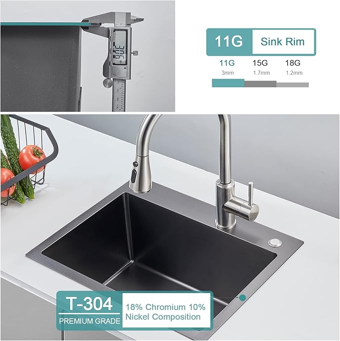 20 × 16 inch Drop-in Kitchen Sink Black, Top-mount Stainless Steel Kitchen Sink Single Bowl, Overmount Kitchen Bar Sink Single Basin
