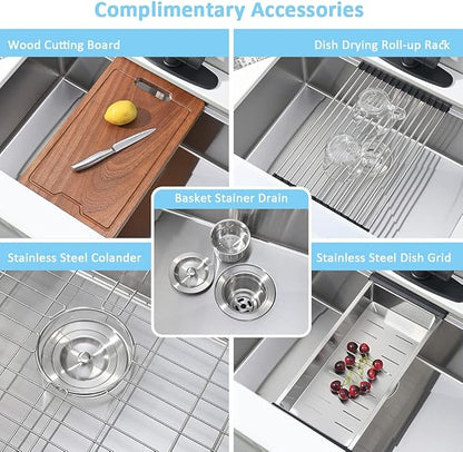33 Inch Kitchen Sink Undermount Wokstation-Bokaiya 33x19 Stainless Steel Undermount Kitchen Sink Ledge Workstation 16 Gauge 10" Deep Handmade Single Bowl Under Mount Kitchen Basin with Cutting Board