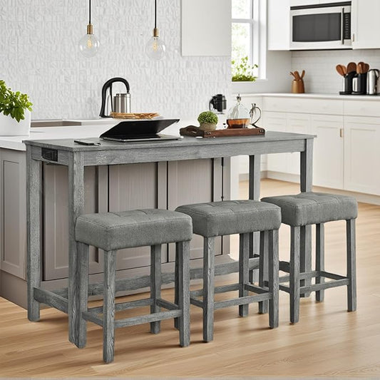 59 inch Bar Table and Chairs Set with with Power Outlet, Industrial Hight Counter Height Bar Table with 3 Upholstered Stools,4 Pieces Space-Save Breakfast Table Set for Kitchen Dining Room Cafe(Grey)