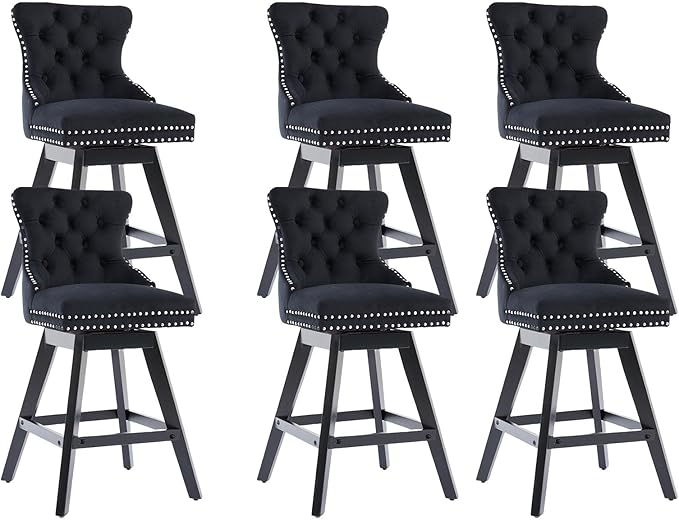 DONICK Velvet Swivel Counter Height Bar Stools,Modern Upholstered Bar Chairs Nailhead Backrest Pull Ring Solid Wood for Bar,Kitchen Island,Pub,Dining Room,Cafe(Black,Set of 6)