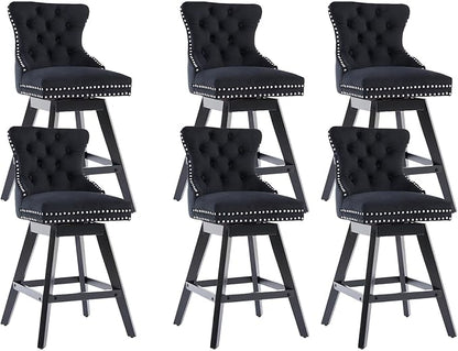 DONICK Velvet Swivel Counter Height Bar Stools,Modern Upholstered Bar Chairs Nailhead Backrest Pull Ring Solid Wood for Bar,Kitchen Island,Pub,Dining Room,Cafe(Black,Set of 6)