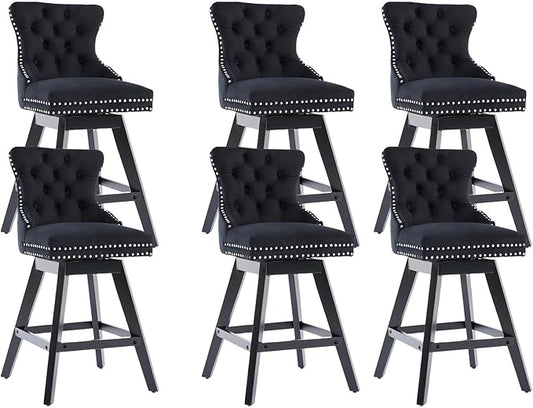DONICK Velvet Swivel Counter Height Bar Stools,Modern Upholstered Bar Chairs Nailhead Backrest Pull Ring Solid Wood for Bar,Kitchen Island,Pub,Dining Room,Cafe(Black,Set of 6)