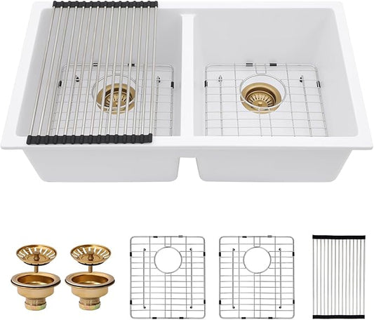 33 Granite Composite Kitchen Sink - Couoko 33x19 Inch White Undermount Granite Kitchen Sink White Quartz Sink Under Counter 50/50 Double Bowl Sink Basin